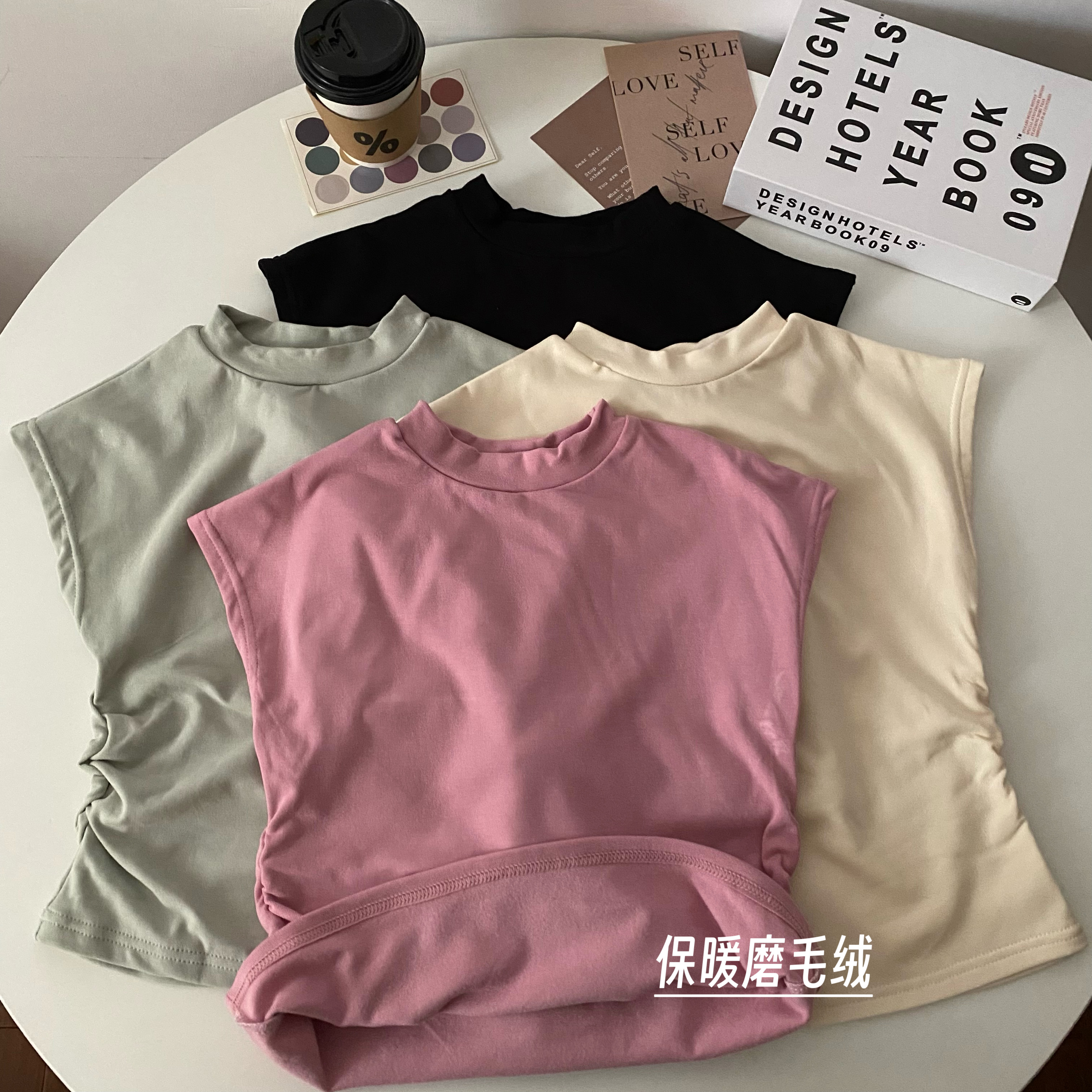 實拍純欲風磨毛絨半高領短袖T恤修身緊身顯瘦短款上衣打底衫
