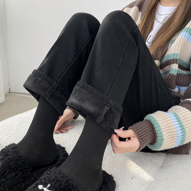 實拍秋冬加絨加厚牛仔褲女新款直筒褲高腰顯瘦彈力緊身煙管褲子