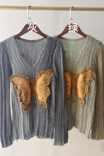 辣妹开叉修身长袖针织衫女装秋季新款蝴蝶设计感显瘦打底毛衣上衣