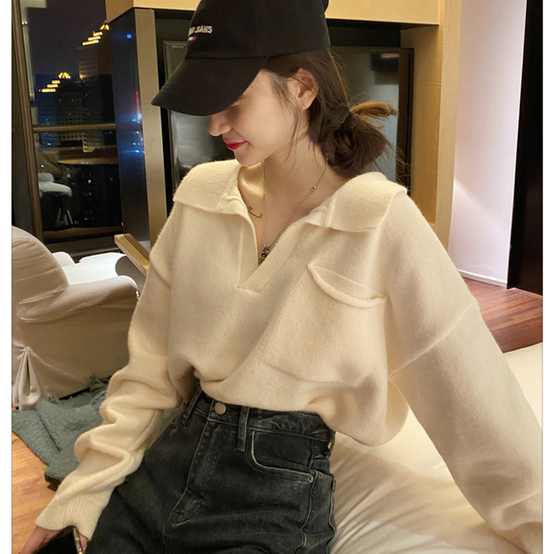 Polo領毛衣女寬鬆復古慵懶韓國短款套頭v領針織衫ins