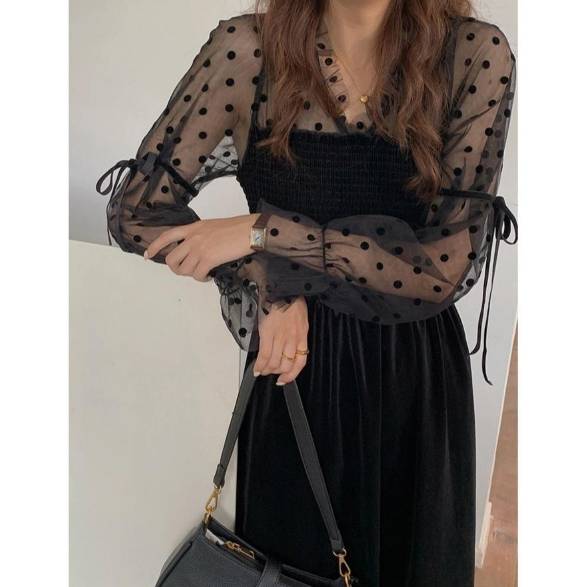 Quality Inspection Official Photo Autumn V-neck design splicing mesh polka dot dress French slimming long skirt for women