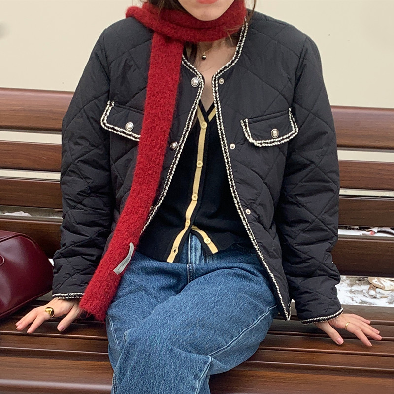 實拍 復古小眾 小香風氣質撞色菱格棉服小個子外套棉衣 2色