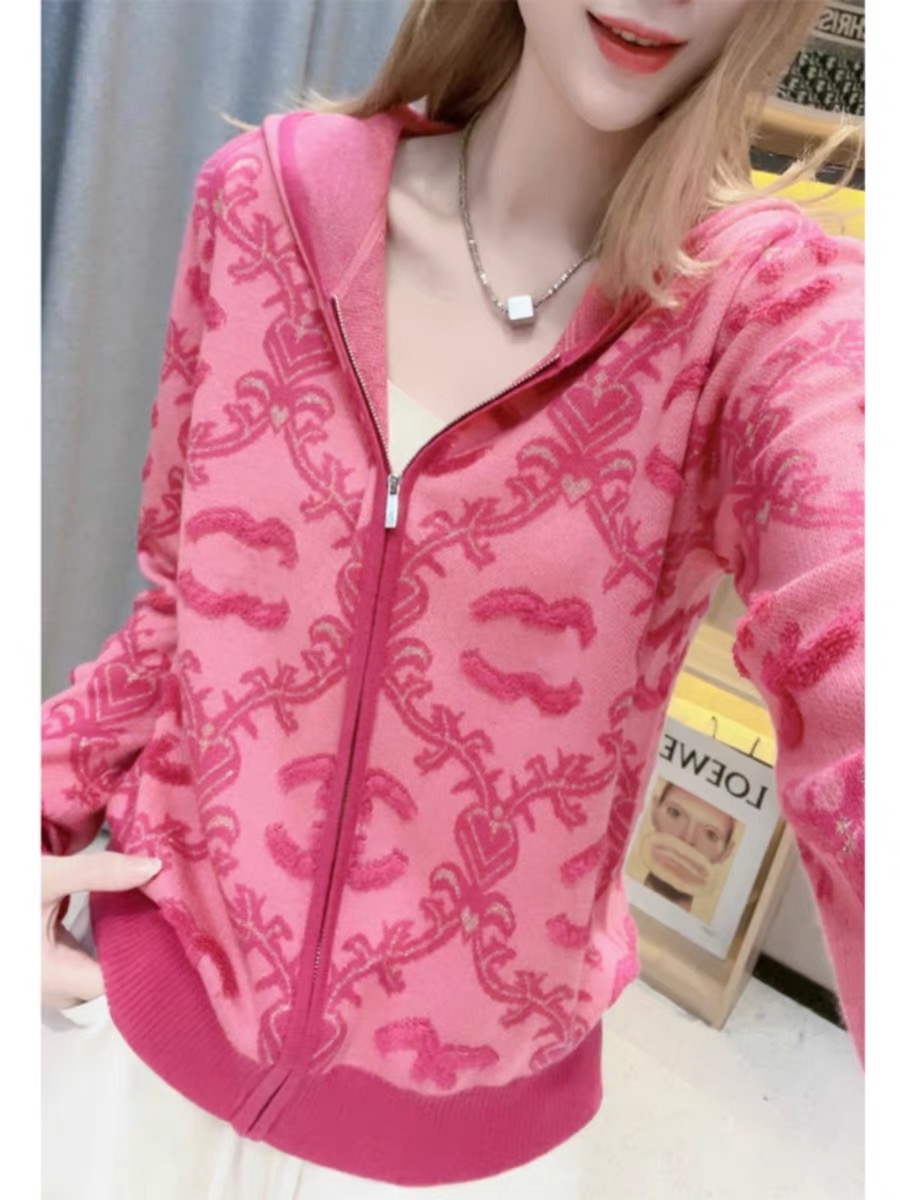 時尚潮流個性2023秋季羊毛連帽字母浮雕設計感小眾針織開衫女外套