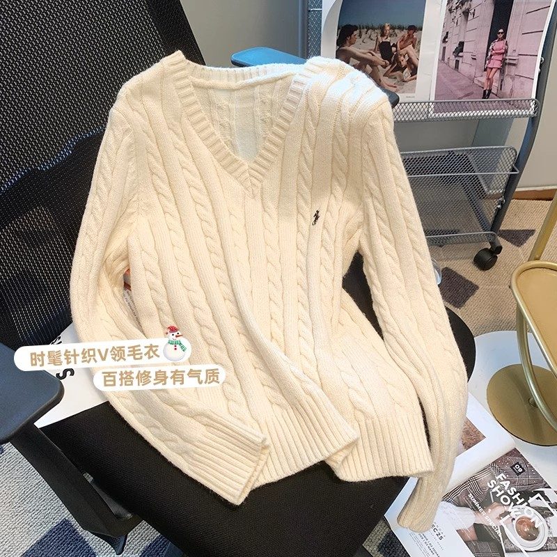 callmeear//奶油麻花復古刺繡V領長袖針織毛衣初秋套頭女上衣