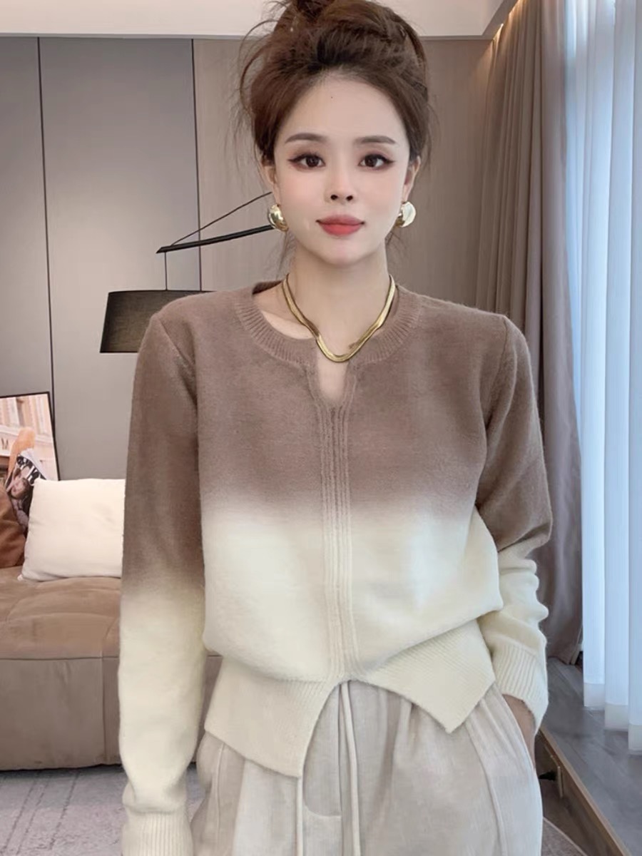 秋季拼色V領針織衫女秋冬2023新款慵懶風軟糯毛衣打底衫長袖上衣