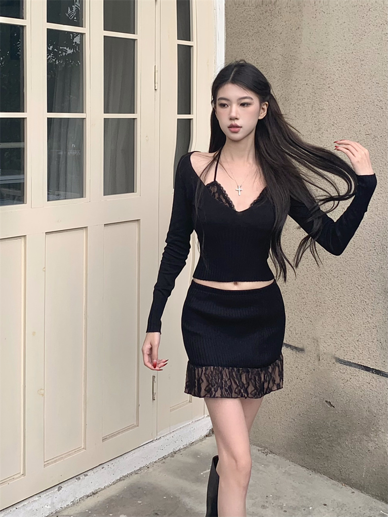 實拍  時尚~復古氣質性感辣妹顯瘦針織三件套裝