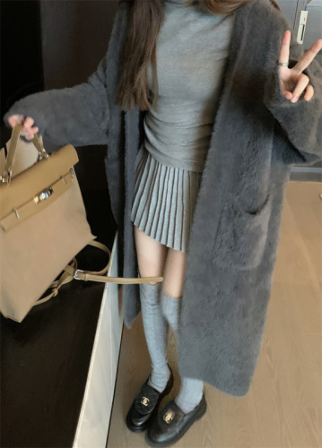 实拍~2023韩版慵懒风中长款毛衣开衫外套+百褶减龄显瘦半身裙