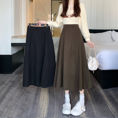 Actual shot of black woolen skirt for women 2023 new autumn and winter fat mm medium-length high-waist slim umbrella skirt A-line skirt