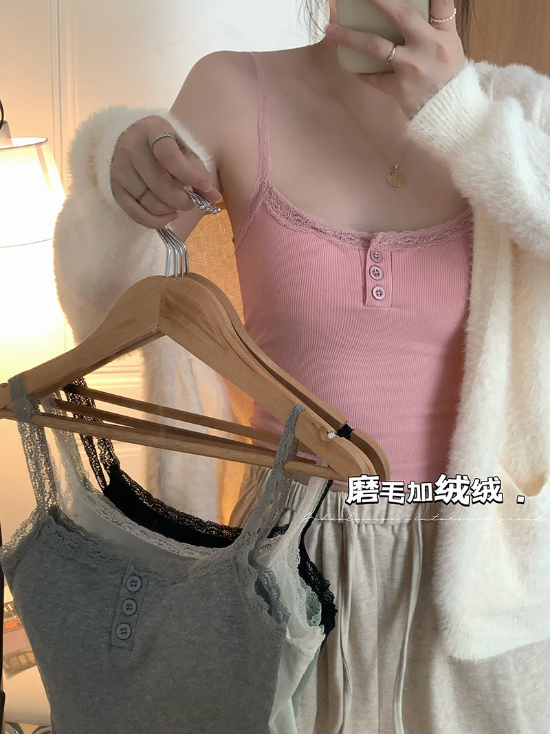 實拍 秋冬加絨加厚吊帶性感蕾絲拼接肩帶紐扣背心帶胸墊上衣