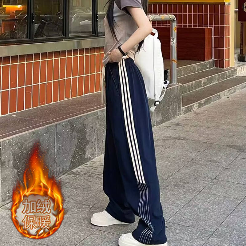網圖 冬季韓版華棉複合寬鬆闊腿褲拖地褲休閒加絨運動褲女