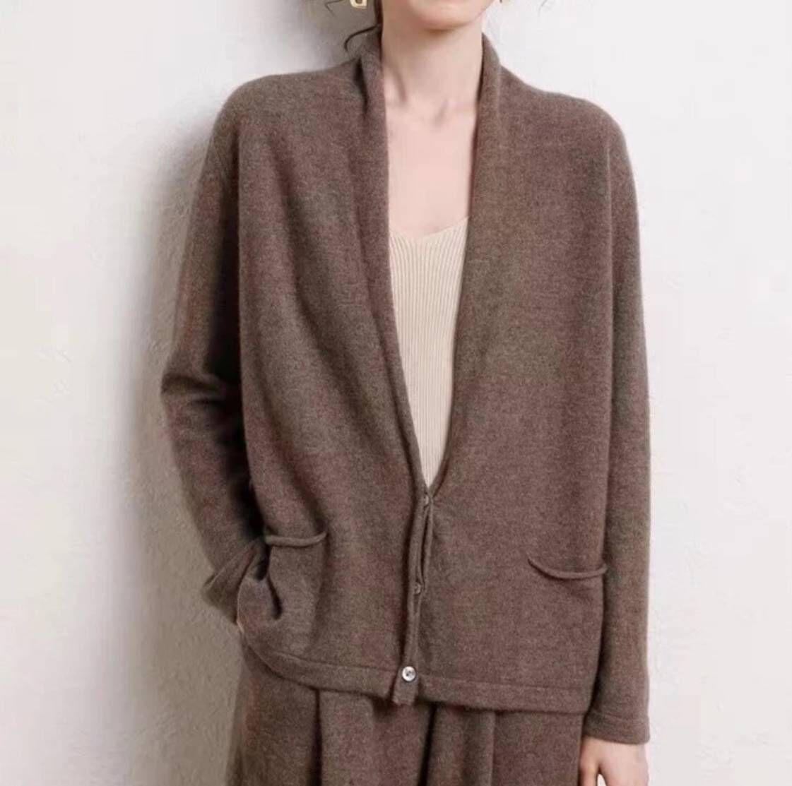 瓦家同款原生態羊毛翻領開衫 隨性 慵懶氣質 單排扣羊毛針織衫女