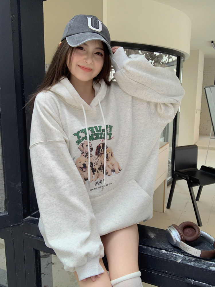 實拍 街頭複合加絨狗狗印花慵懶寬鬆美式衛衣