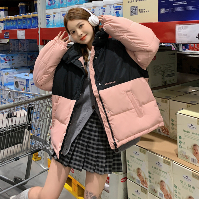 實拍撞色羽絨棉服2023新款冬季加厚寬鬆連帽學院風拼色棉衣外套女