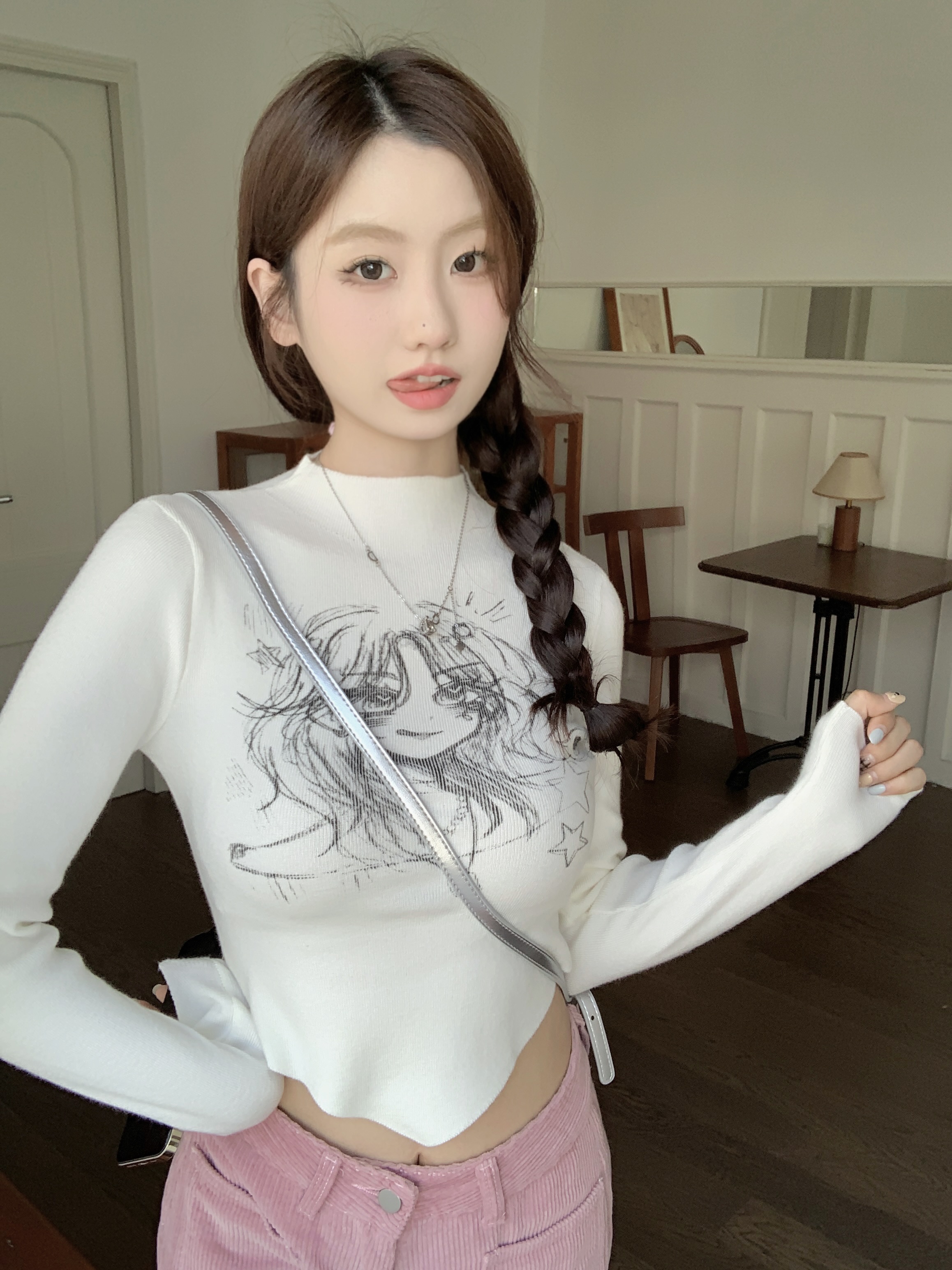 實拍~秋冬韓版卡通印花半高領毛衣針織長袖純欲風修身打底衫