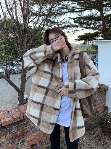 Actual shot of autumn and winter Korean chic simple grainy contrast plaid shirt warm jacket