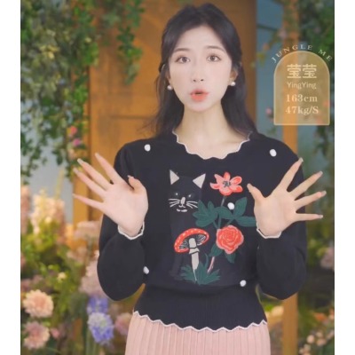 JUNGLE ME 黑色復古設計感秋冬繡花套頭毛衣百搭秋季長袖女士上衣