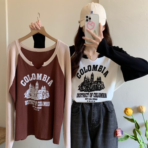 坑條 時尚超火復古字母印花長袖T恤女秋季新款顯瘦修身短款上衣潮
