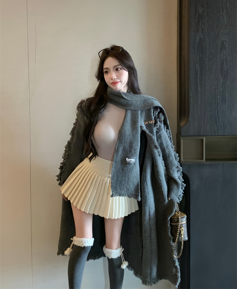 實拍 冬季復古慵懶風寬鬆外搭流蘇圍巾中長款針織毛衣外套女