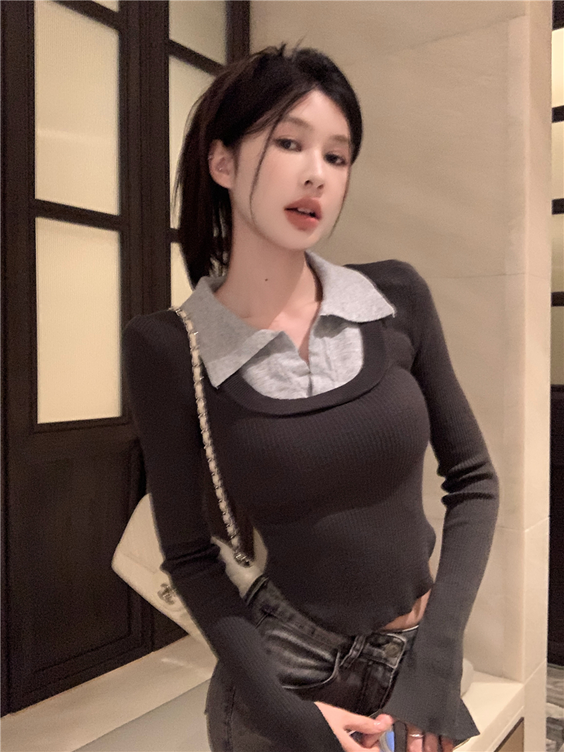 實拍 秋冬辣妹顯瘦翻領假兩件短款針織打底衫女長袖上衣