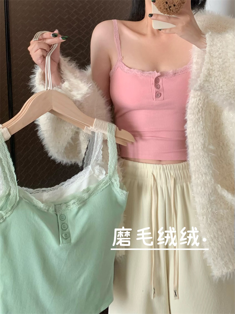 實拍秋冬加絨磨毛保暖打底背心蕾絲邊設計感顯瘦紐扣上衣
