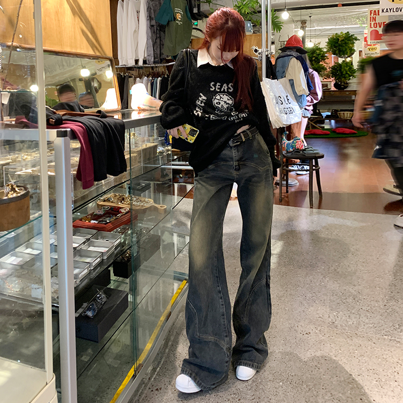 實拍2023秋冬新款牛仔褲女拼接設計輕暗黑審美黑灰闊腿褲常規加長