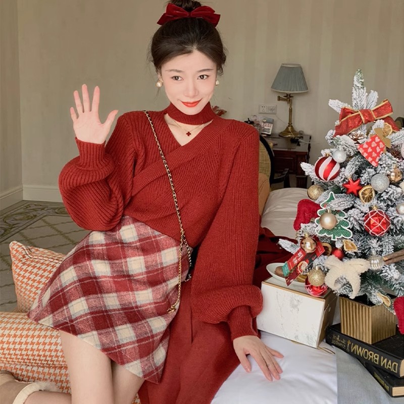 小香風新年過年紅色毛衣裙子兩件套裝連衣裙女秋冬季冬款韓劇穿搭