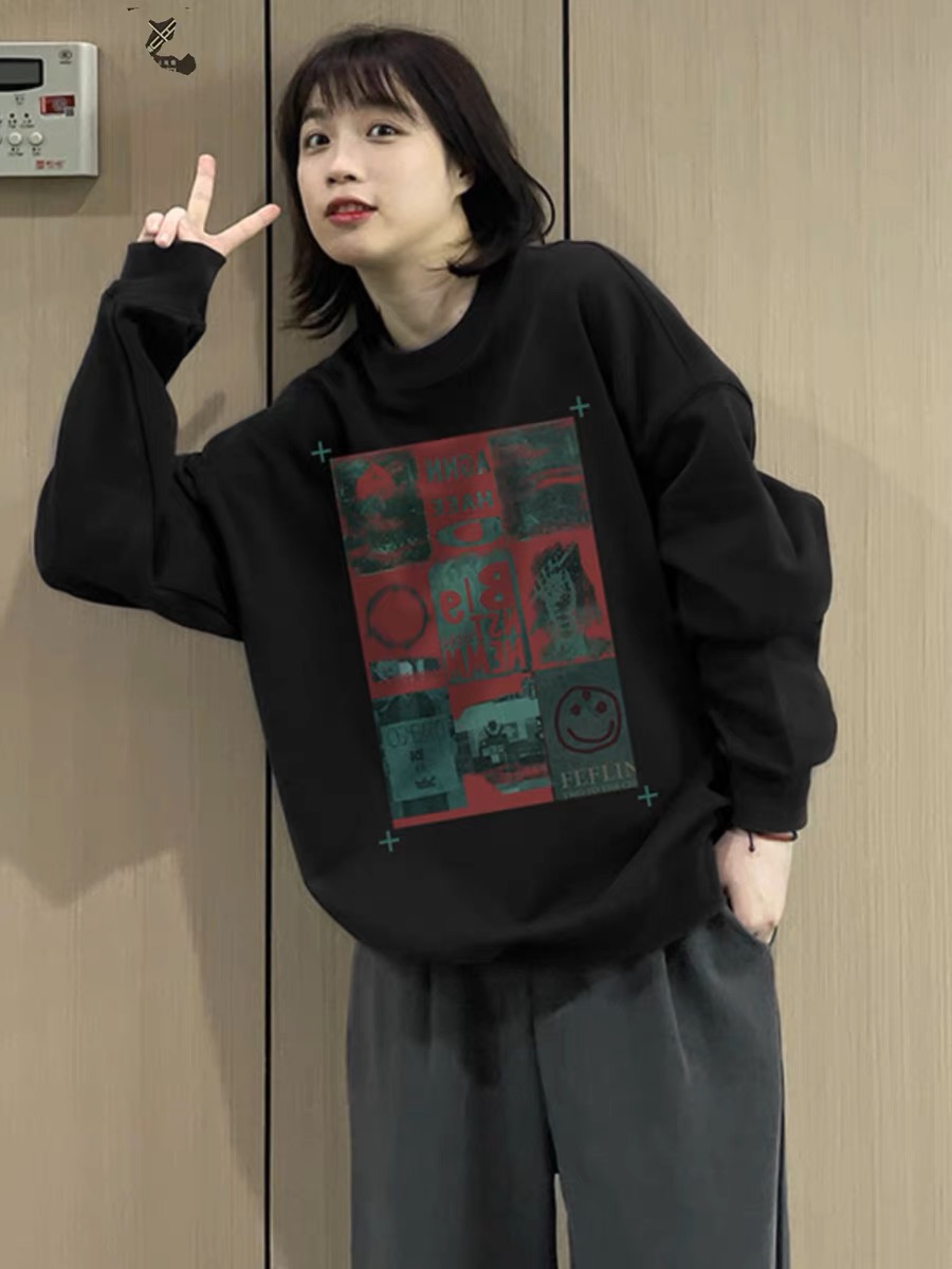 復古黑色圓領oversize衛衣女春秋2023新款加絨加厚小個子疊穿上衣