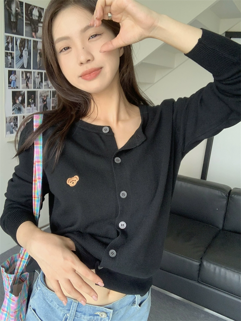 PPHOME Warm and waxy break ~ Soft and waxy bear embroidered long-sleeved knitted cardigan for autumn wear inside and outside sweater jacket