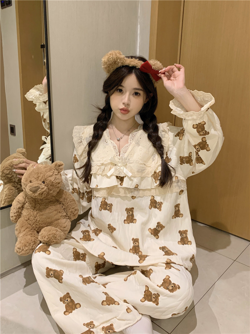 實拍韓版宮廷風甜美蕾絲加厚保暖空氣棉夾棉外穿家居服套裝
