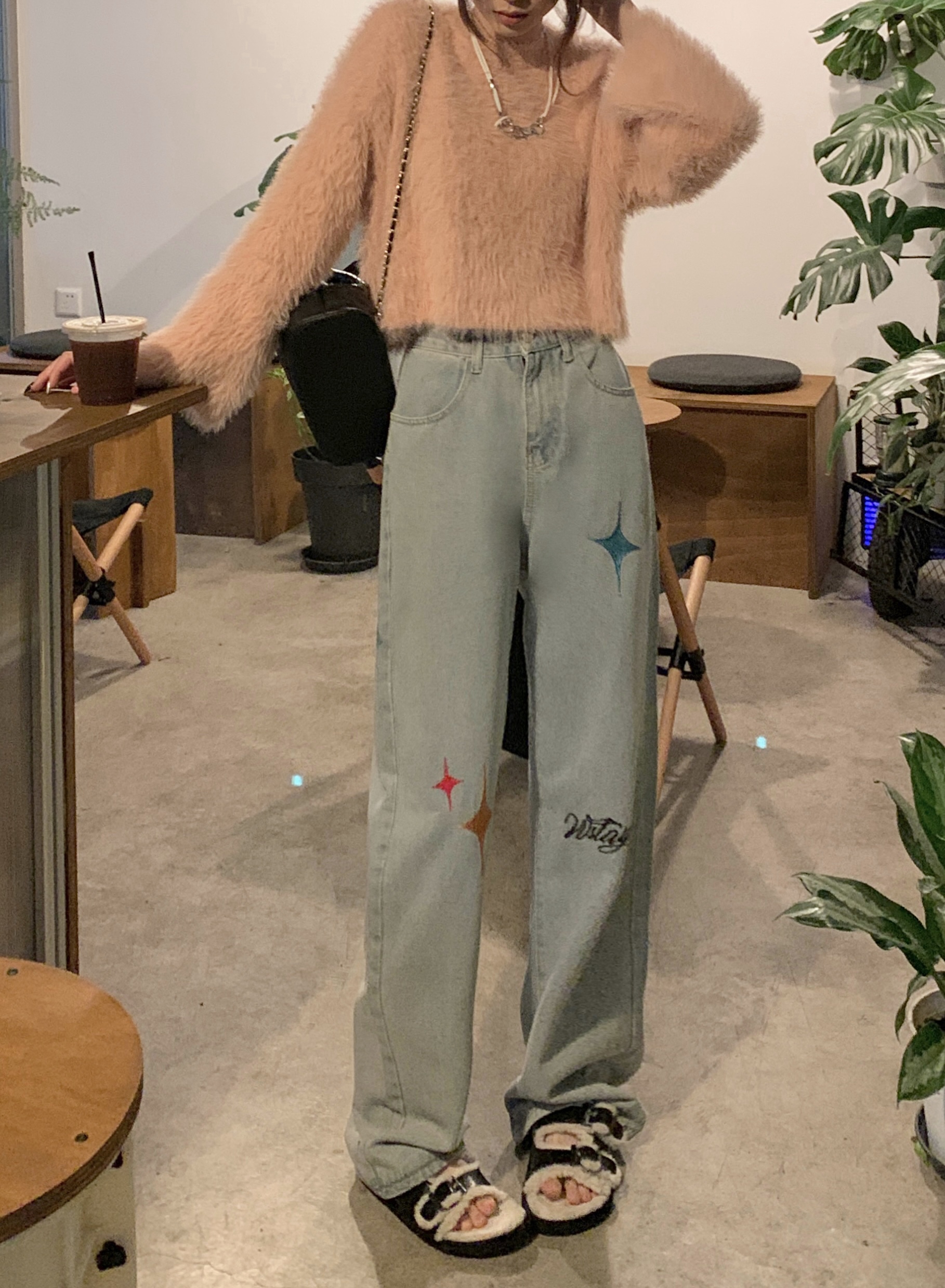 實拍！歐美式vibe復古水洗刺繡牛仔褲高街嘻哈闊腿ins潮