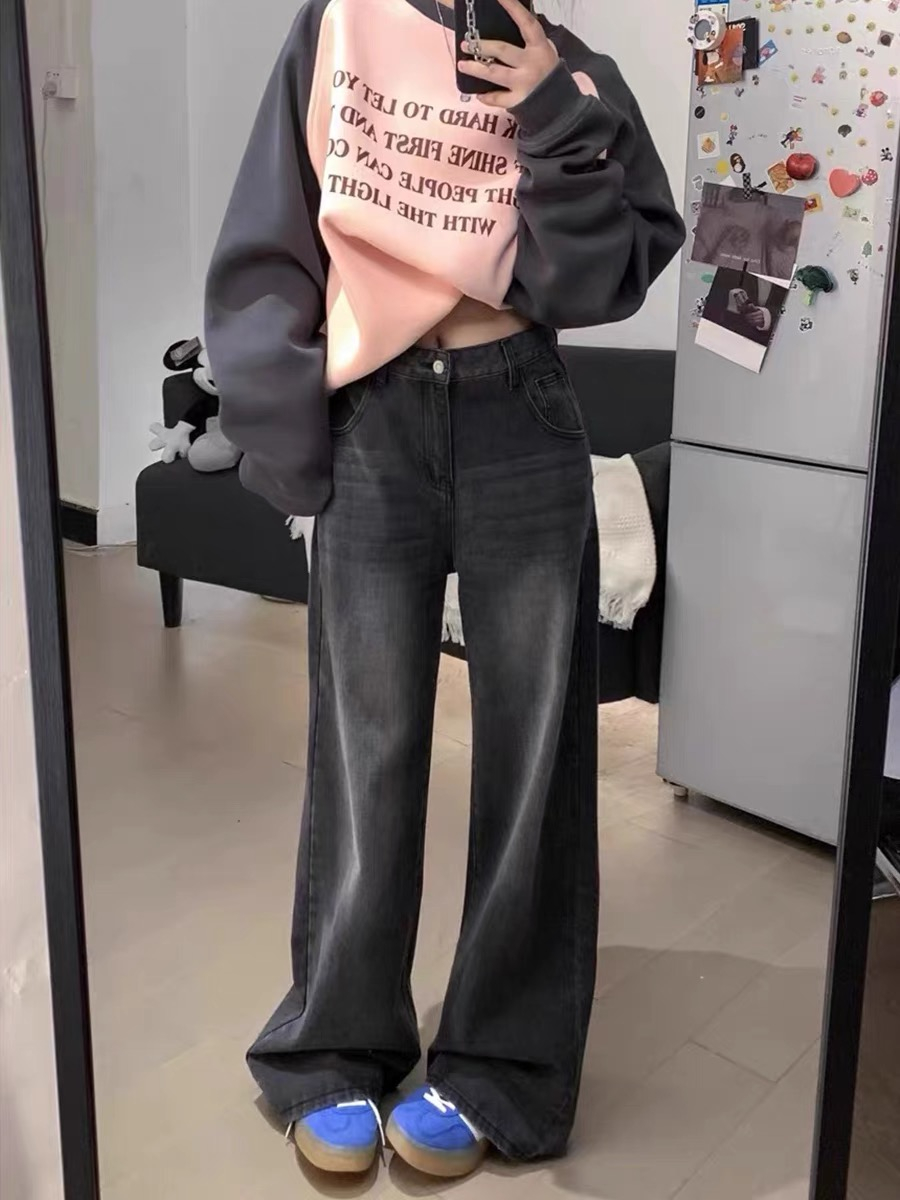美式復古做舊闊腿牛仔褲女秋季高腰寬鬆拖地褲黑灰色直筒褲長褲子