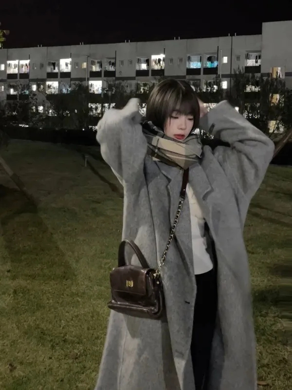 灰色毛呢外套女2023秋冬新款赫本風韓系小個子高級感呢子大衣