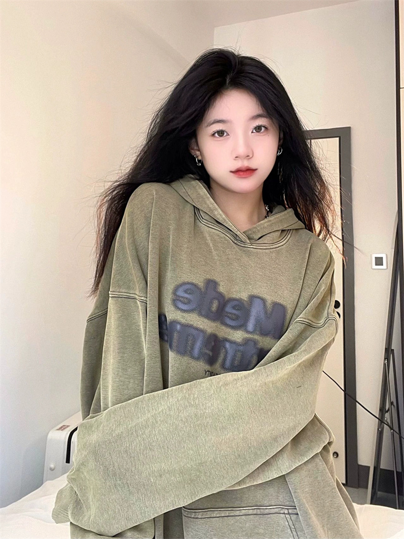 美式復古連帽衛衣女秋季加絨加厚水洗做舊設計感小眾寬鬆慵懶上衣