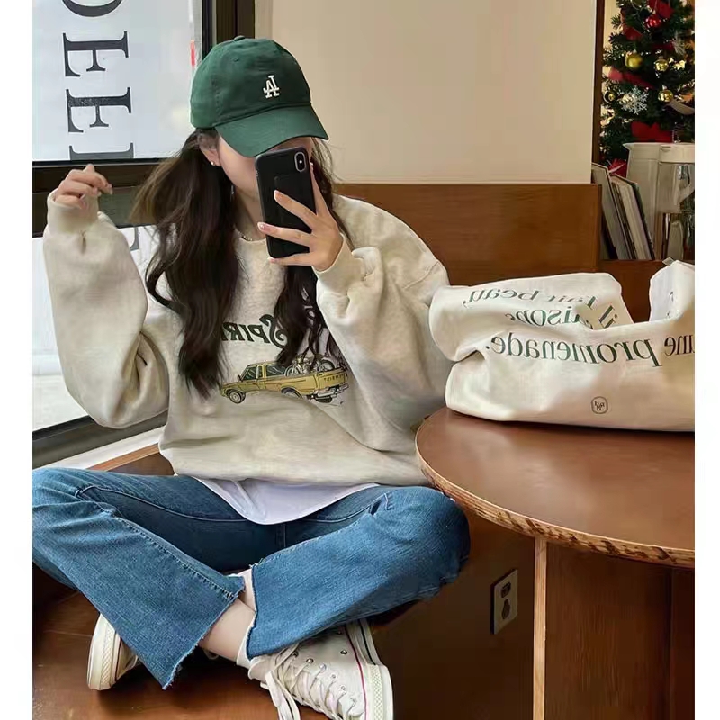 薄款華棉牛奶絲 加絨華棉銀狐絨 圓領印花衛衣女情侶質量