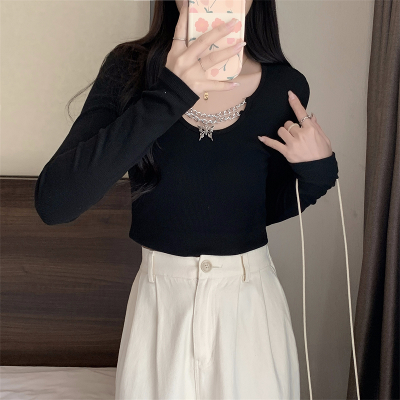 實拍  有氨德絨  磨毛長袖T恤女短款蝴蝶鏈條秋冬裝韓版