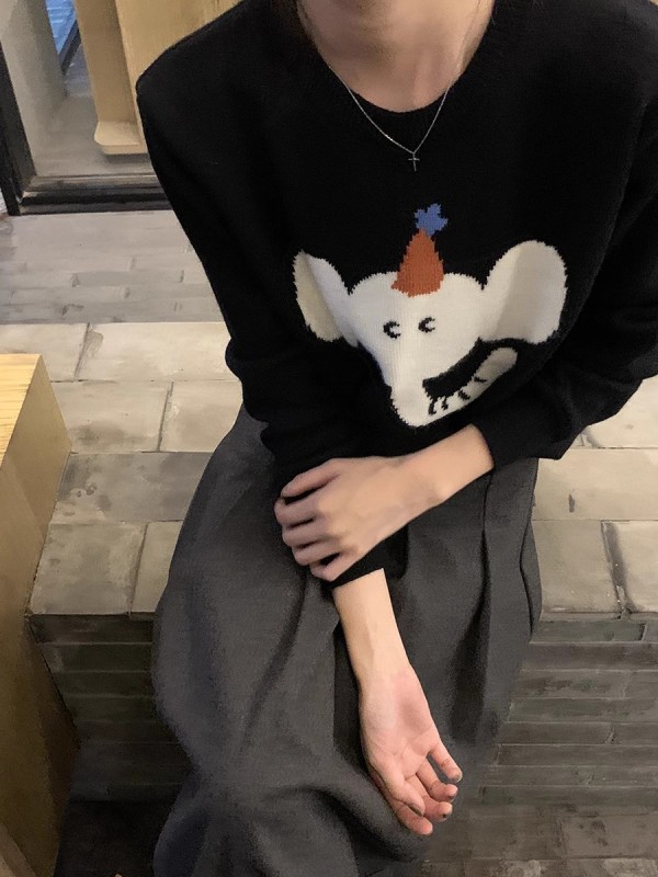馨幫幫 2023新款簡約小象卡通刺繡印花套頭百搭長袖針織衫毛衣女