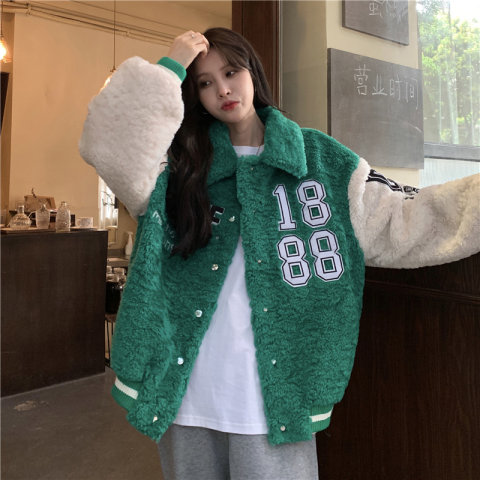 實拍真羊絨複合 韓系撞色毛毛加厚棒球服外套女chic洋氣寬鬆上衣