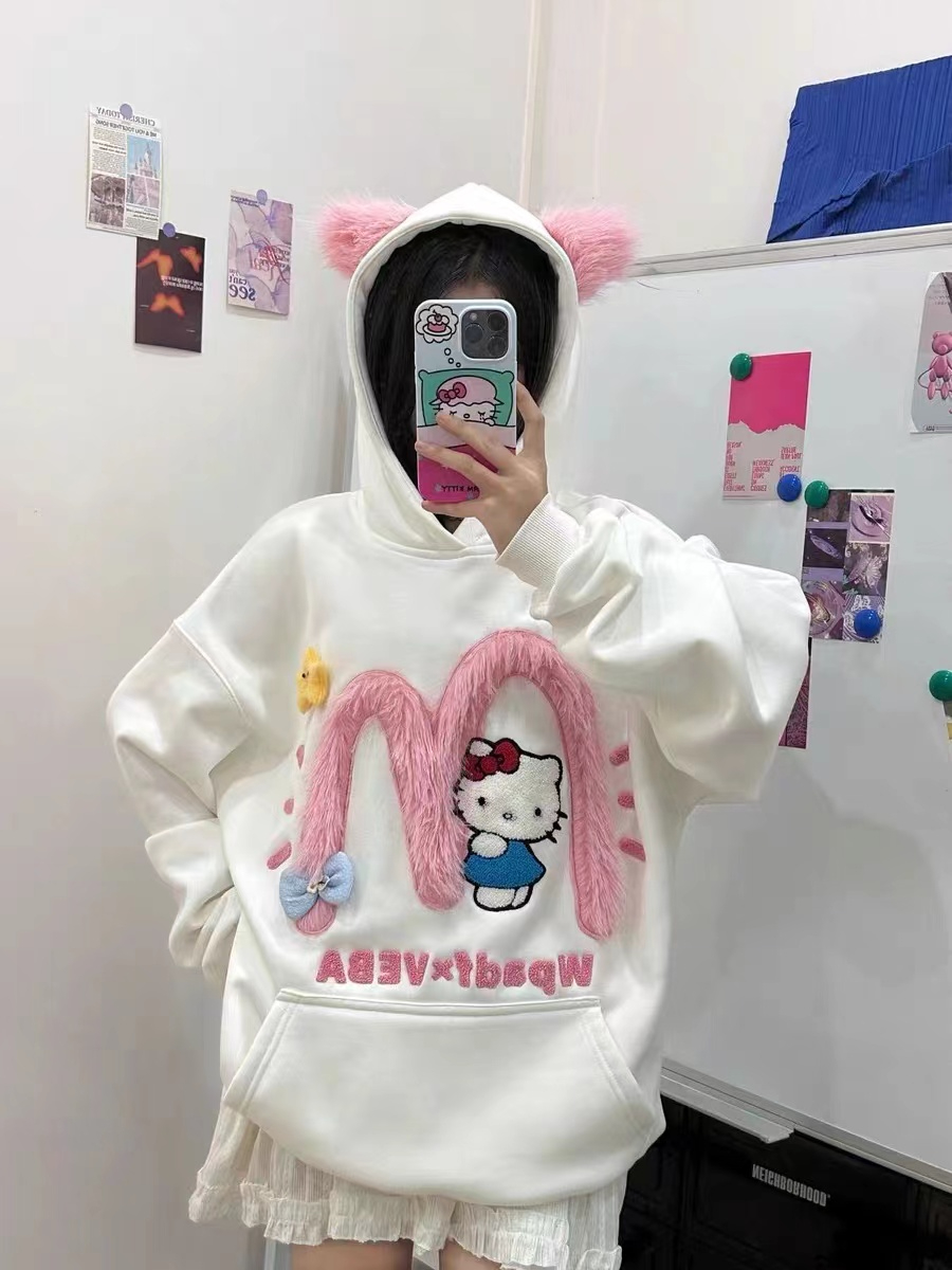 CVC華棉複合牛奶絲KIKI毛絨刺繡連帽衛衣女新款秋冬薄款