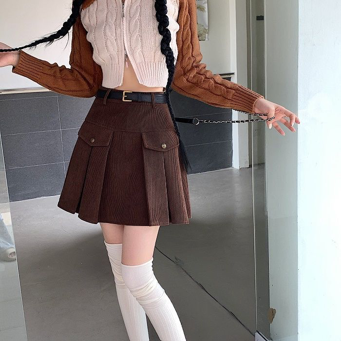 甜辣妹燈芯絨半身裙女秋冬新款復古高腰顯瘦A字裙設計感短裙