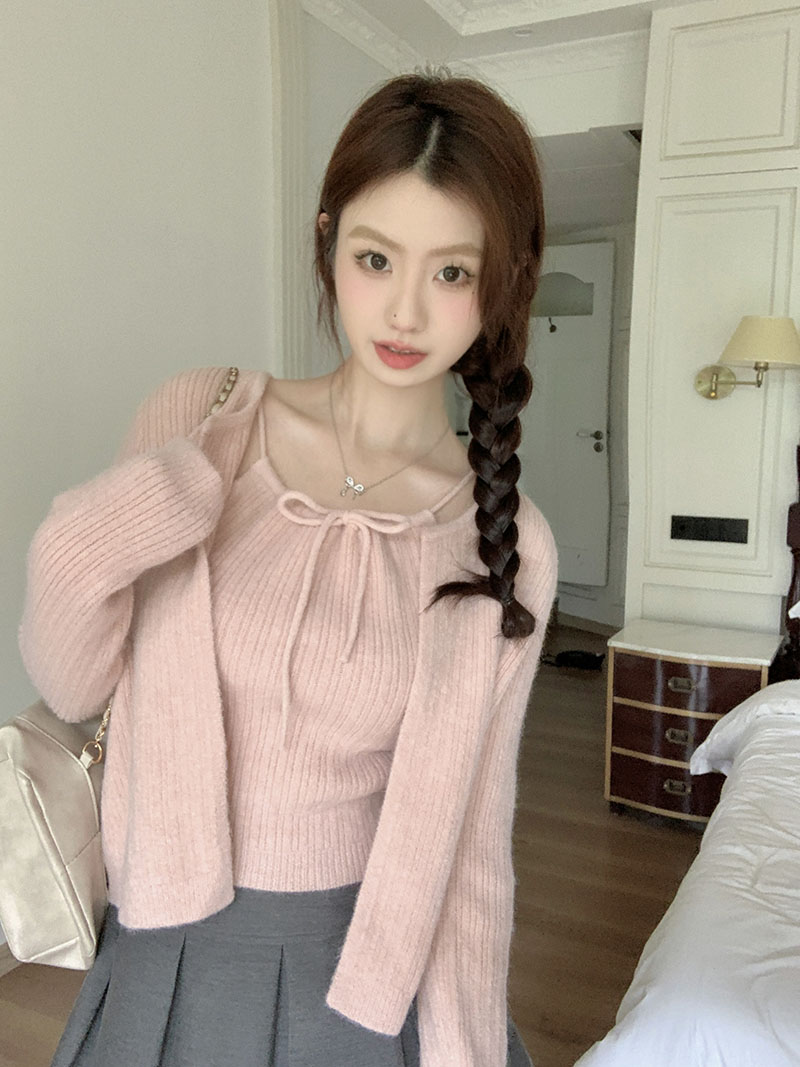 實拍 韓系秋冬甜美溫柔毛衣繫繩吊帶開衫倆件套上衣