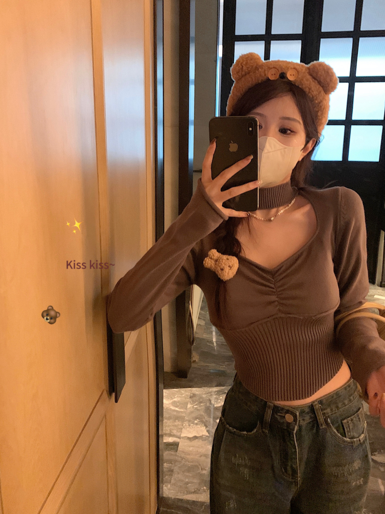 實拍設計感小眾方領掛脖針織衫上衣女裝秋冬短款褶皺辣妹毛衣