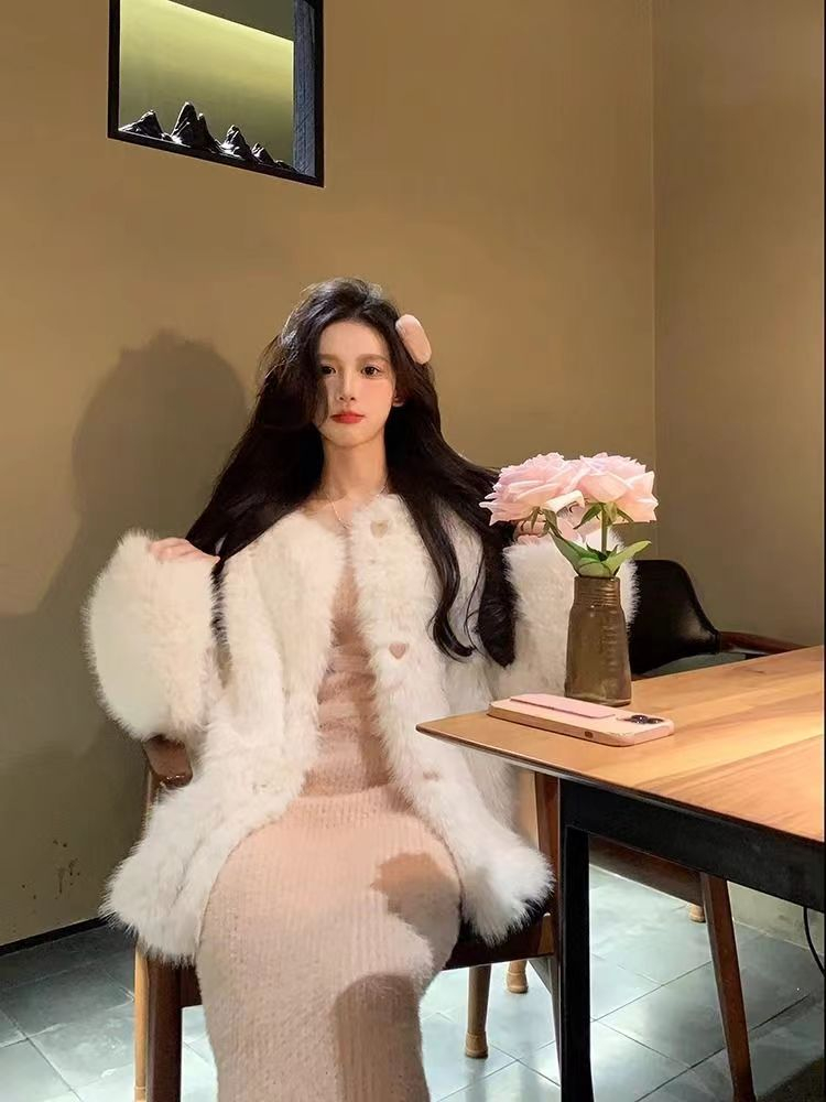 韓版名媛辣妹必備冬季環保毛保暖加厚無領毛毛皮草外套女秋冬上衣