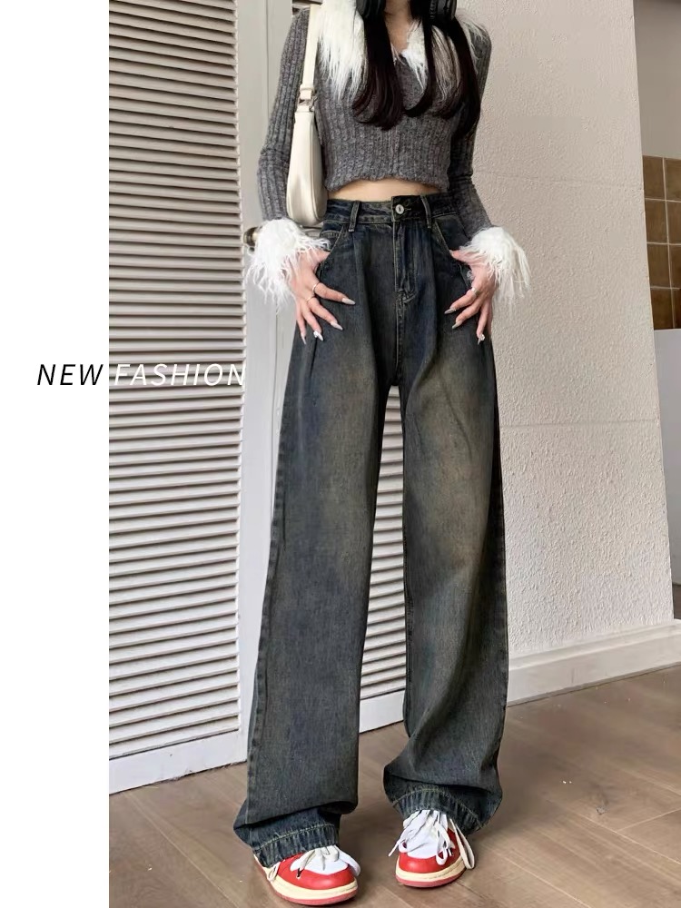 復古闊腿牛仔褲女秋冬2023年新款水泥灰美式高腰寬鬆直筒褲子秋季