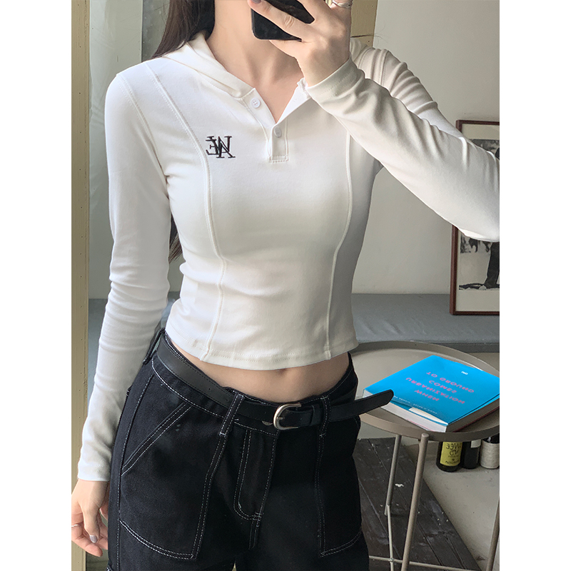 實拍甜酷修身連帽別致刺繡衛衣2023秋季新款女裝顯瘦小眾短款上衣