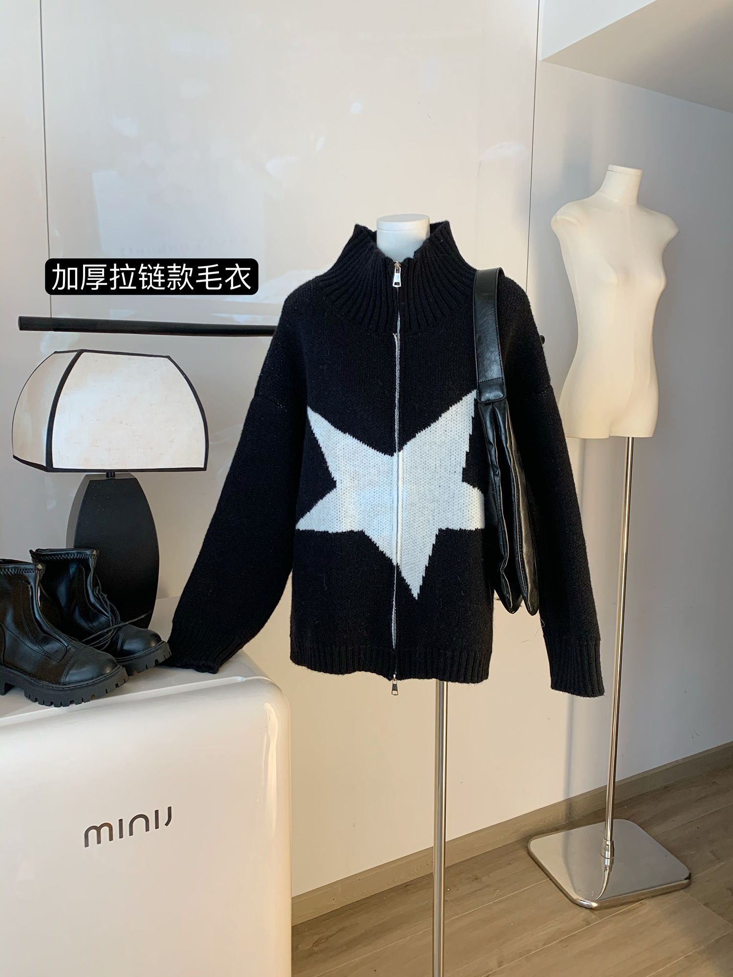 韓國Hone高品質休閒復古五角星雙拉鏈毛衣羊毛開衫