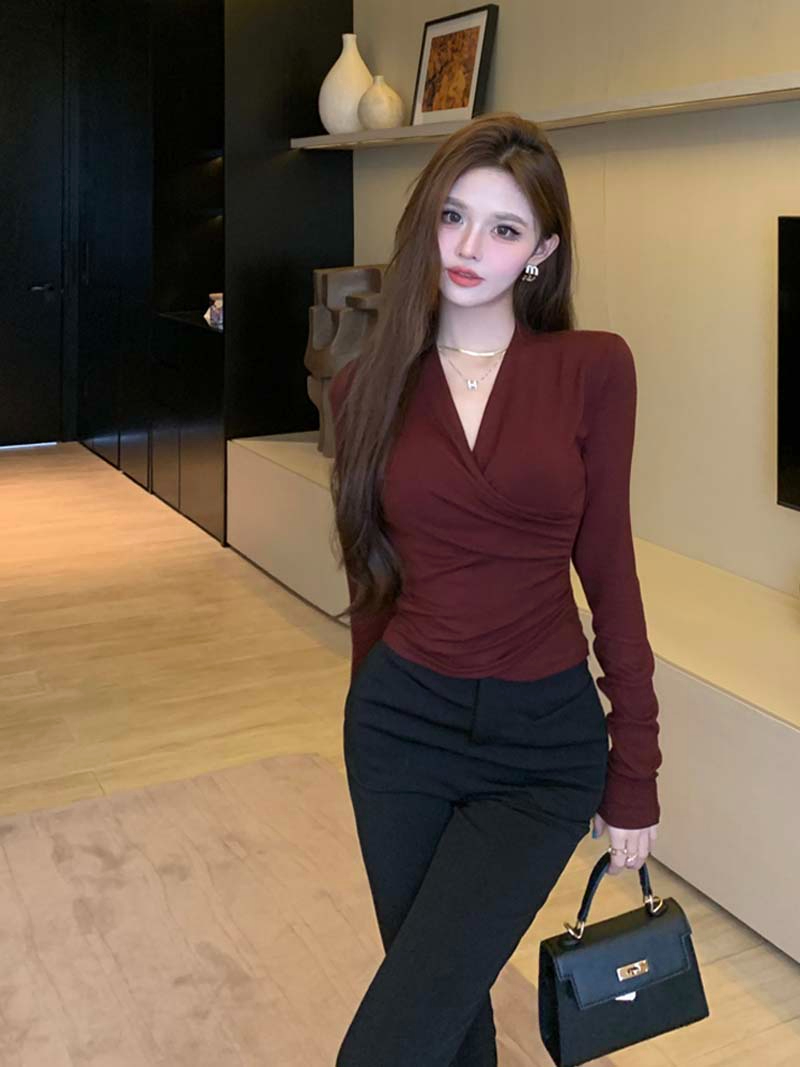 純棉交叉V領性感修身顯瘦上衣女褶皺百搭t恤秋冬季時尚長袖打底衫