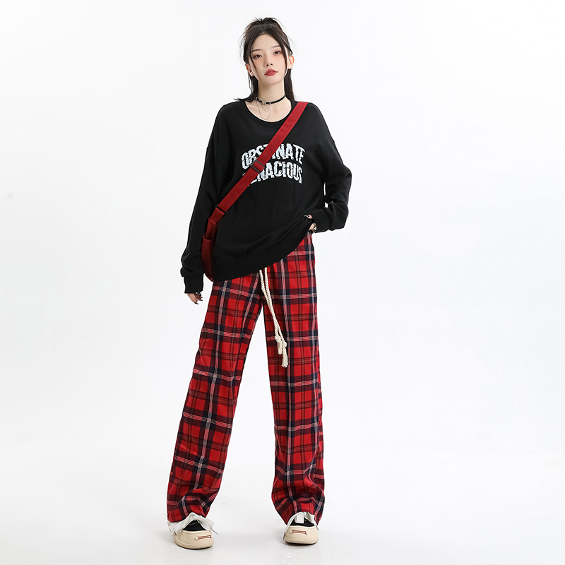 實拍美式加絨加厚紅色闊腿格子褲女2023年秋冬寬鬆休閒遛彎神褲潮