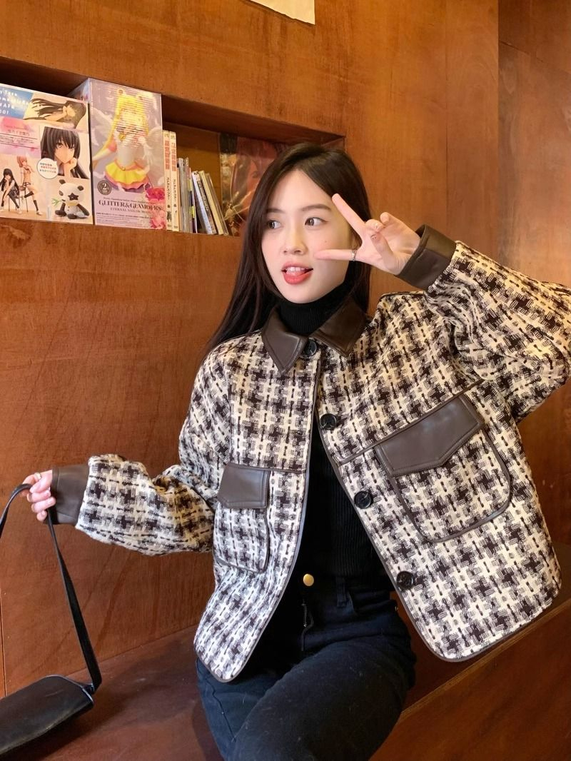 Xiaoxiangfeng jacket women's autumn 2023 new houndstooth design stitching polo collar loose long-sleeved top