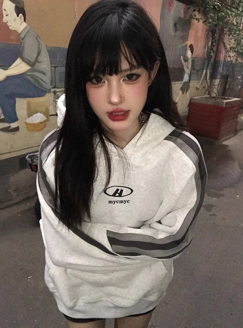 美式hiphop復古潮牌拼接連帽衛衣女春秋寬鬆oversize休閒百搭上衣