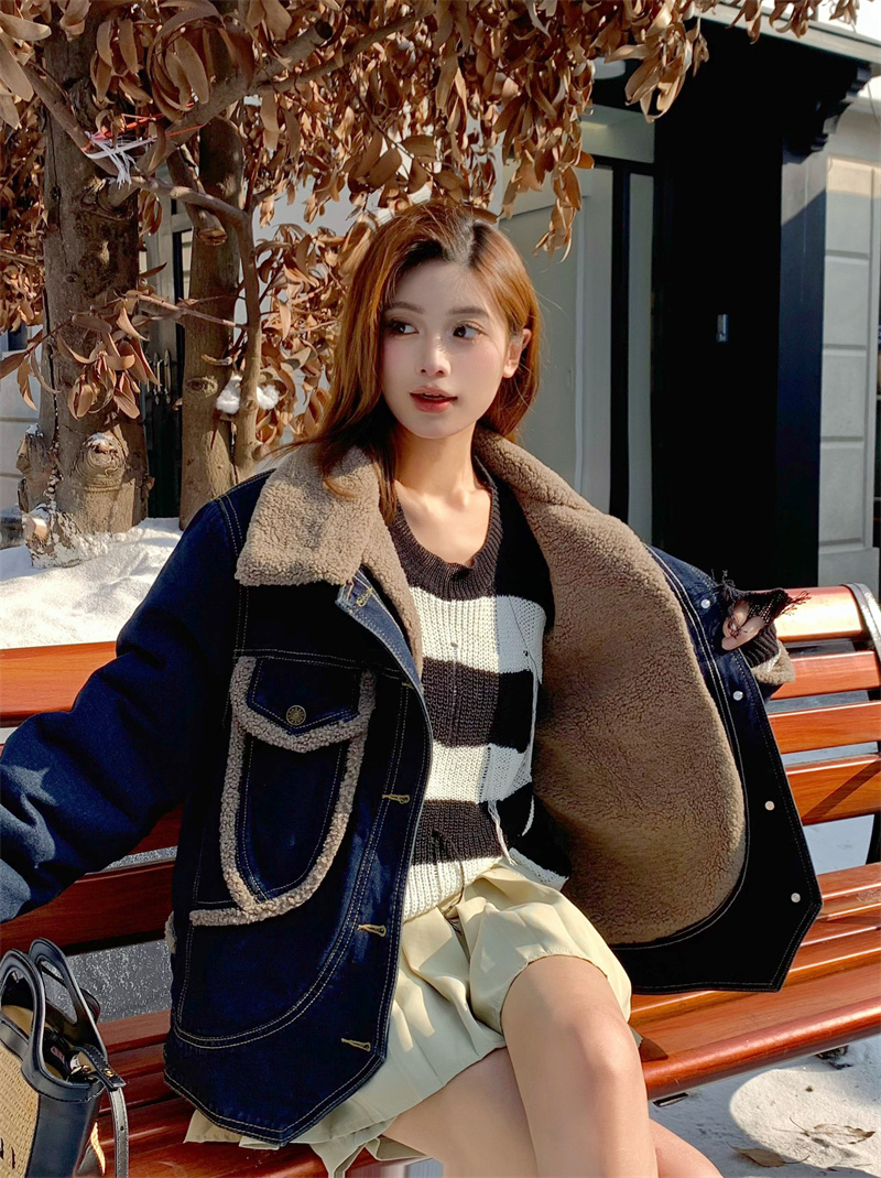 實拍~牛仔外套女加絨羊羔絨派克服2023冬港風拼接夾克短款上衣潮